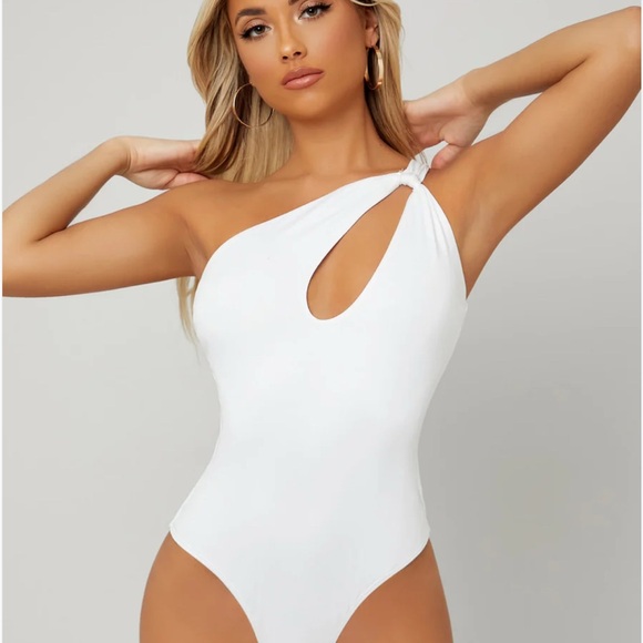Tops - White Bodysuit One-Shoulder Cut Out - Size Small